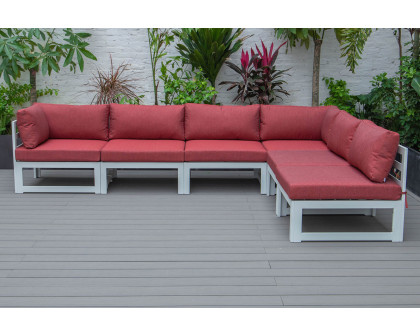 LeisureMod Chelsea 6-Piece Patio Sectional In White Aluminum with Cushions - Red