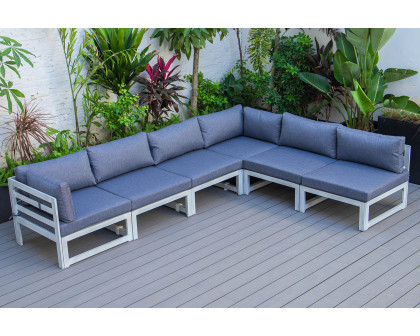 LeisureMod Chelsea 6-Piece Patio Sectional In Weathered Gray Aluminum with Cushions - Blue