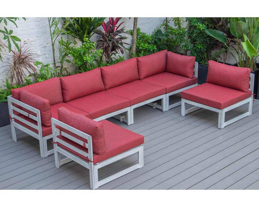 LeisureMod Chelsea 6-Piece Patio Sectional In Weathered Gray Aluminum with Cushions - Red