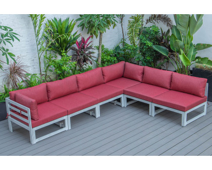 LeisureMod Chelsea 6-Piece Patio Sectional In Weathered Gray Aluminum with Cushions - Red