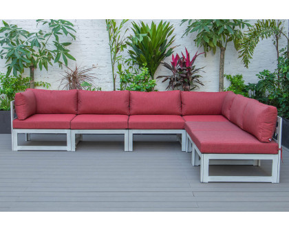 LeisureMod Chelsea 6-Piece Patio Sectional In Weathered Gray Aluminum with Cushions - Red