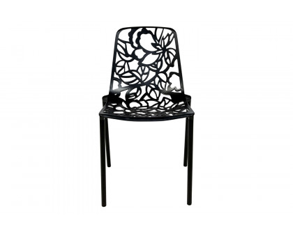 LeisureMod Devon Modern Flower Design Outdoor Aluminum Dining Chair - Black