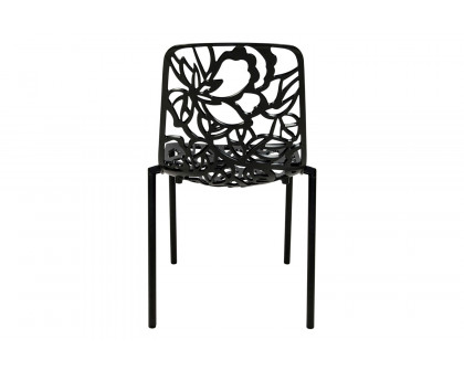 LeisureMod Devon Modern Flower Design Outdoor Aluminum Dining Chair - Black