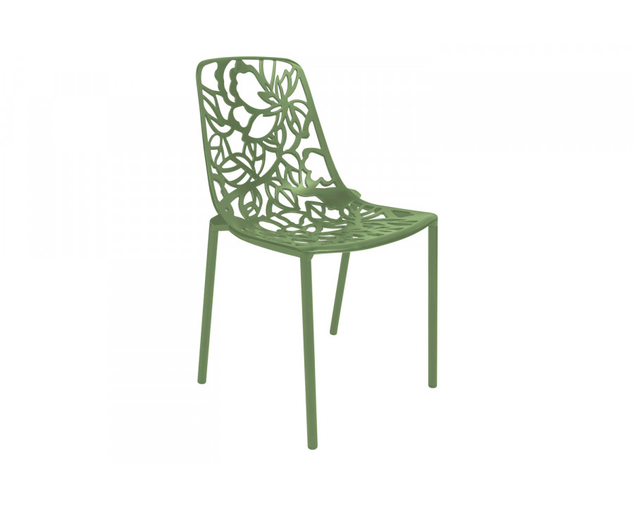 LeisureMod Devon Modern Flower Design Outdoor Aluminum Dining Chair - Khaki Green