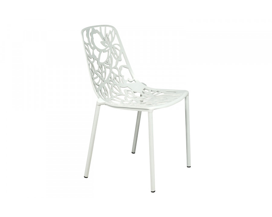 LeisureMod Devon Modern Flower Design Outdoor Aluminum Dining Chair - White