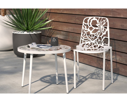 LeisureMod Devon Modern Flower Design Outdoor Aluminum Dining Chair - White