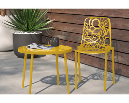 LeisureMod Devon Modern Flower Design Outdoor Aluminum Dining Chair - Yellow