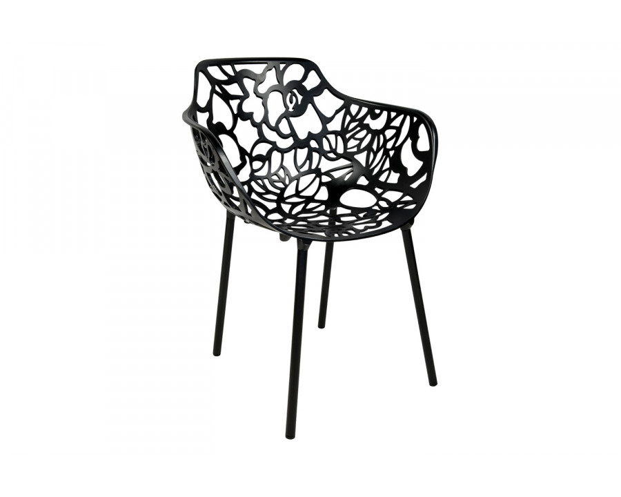 LeisureMod Devon Modern Flower Design Outdoor Aluminum Dining Armchair - Black