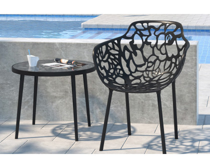 LeisureMod Devon Modern Flower Design Outdoor Aluminum Dining Armchair - Black