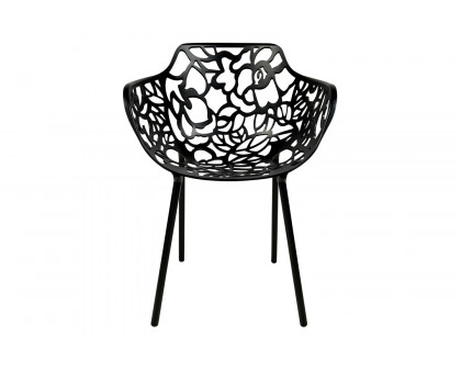 LeisureMod Devon Modern Flower Design Outdoor Aluminum Dining Armchair - Black