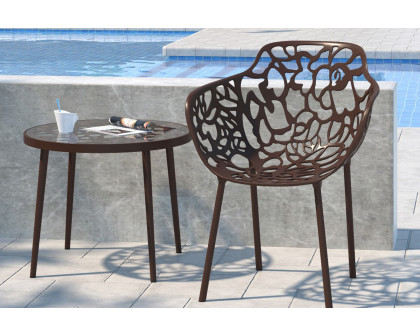 LeisureMod Devon Modern Flower Design Outdoor Aluminum Dining Armchair - Brown