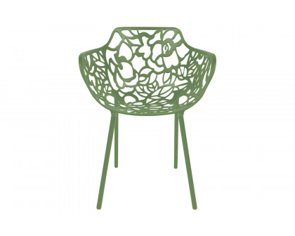 LeisureMod Devon Modern Flower Design Outdoor Aluminum Dining Armchair - Khaki Green