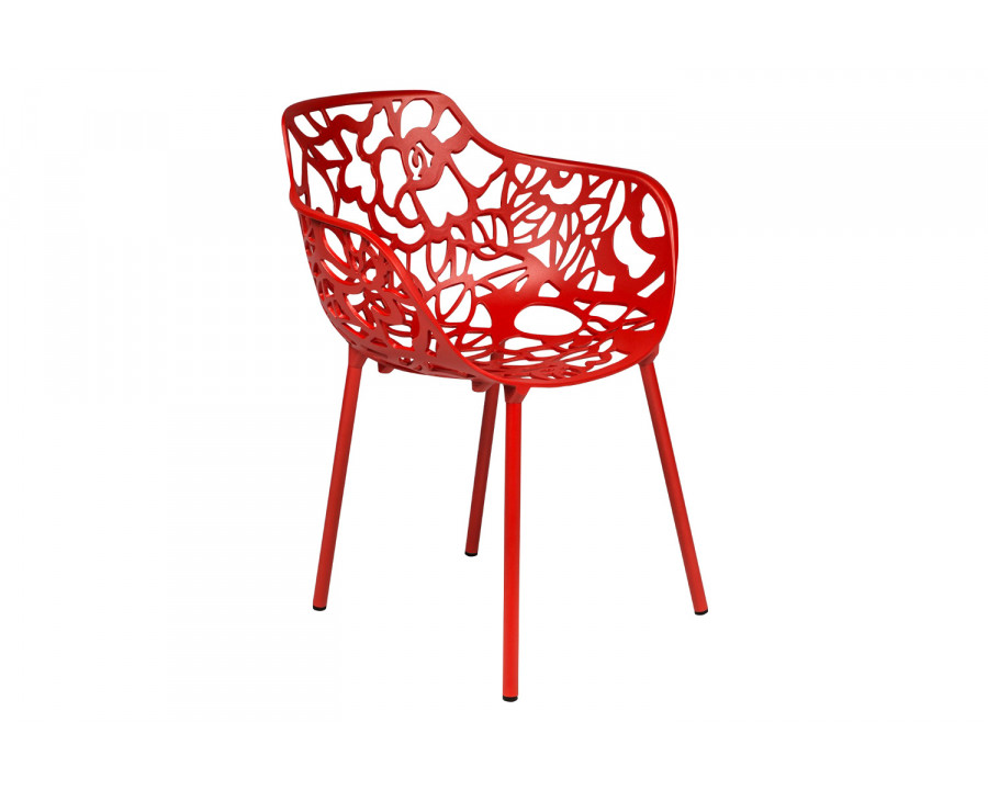 LeisureMod Devon Modern Flower Design Outdoor Aluminum Dining Armchair - Red