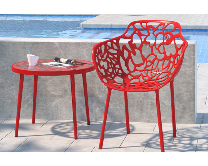 LeisureMod Devon Modern Flower Design Outdoor Aluminum Dining Armchair - Red