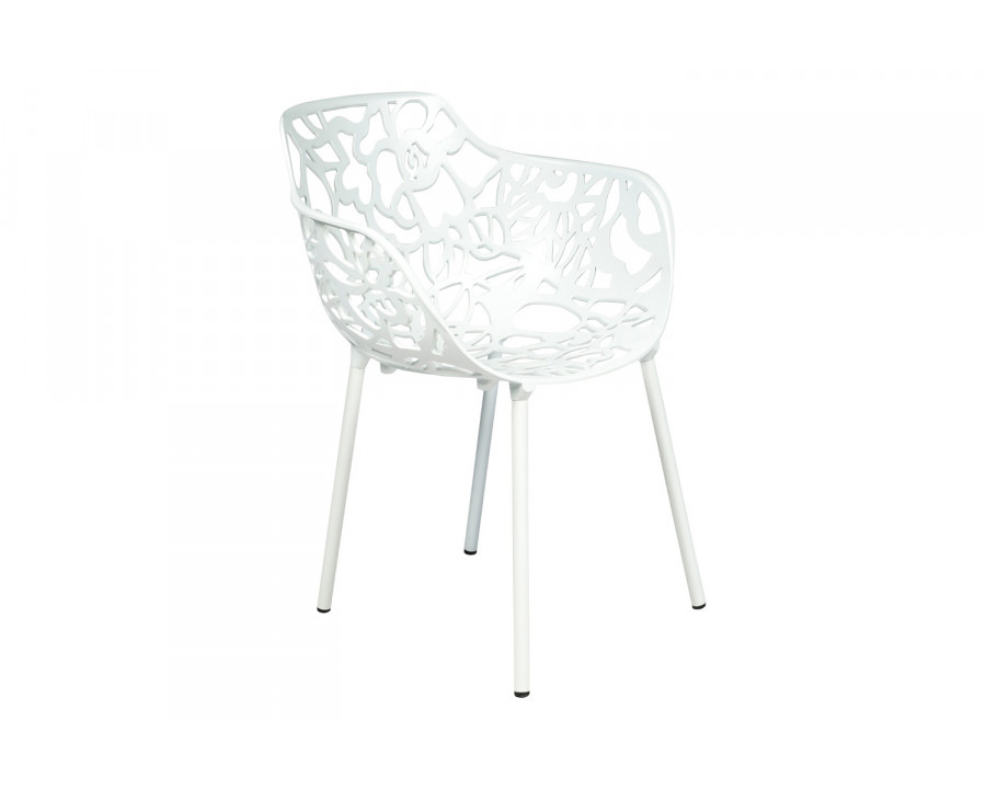 LeisureMod Devon Modern Flower Design Outdoor Aluminum Dining Armchair - White