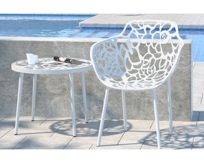 LeisureMod Devon Modern Flower Design Outdoor Aluminum Dining Armchair - White