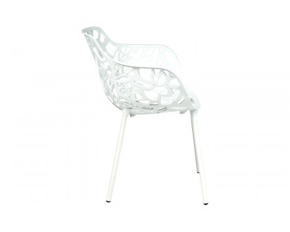 LeisureMod Devon Modern Flower Design Outdoor Aluminum Dining Armchair - White