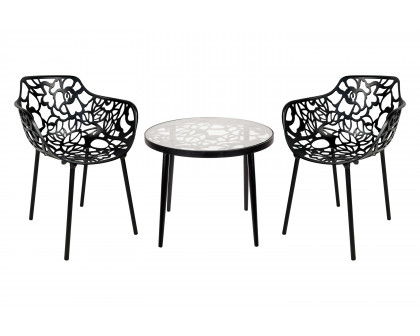 LeisureMod Devon Modern 3-Piece Aluminum Patio Dining Set with Dining Table and 2 Stackable Flower Design Arm Chairs