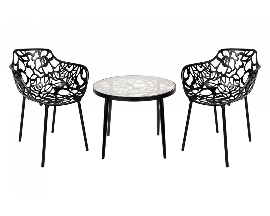 LeisureMod Devon Modern 3-Piece Aluminum Patio Dining Set with Dining Table and 2 Stackable Flower Design Arm Chairs - Black