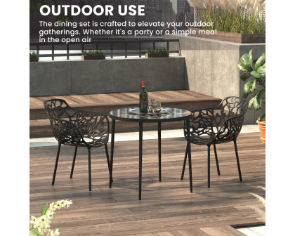 LeisureMod Devon Modern 3-Piece Aluminum Patio Dining Set with Dining Table and 2 Stackable Flower Design Arm Chairs - Black