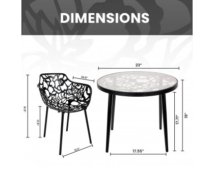 LeisureMod Devon Modern 3-Piece Aluminum Patio Dining Set with Dining Table and 2 Stackable Flower Design Arm Chairs - Black