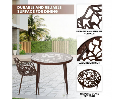 LeisureMod Devon Modern 3-Piece Aluminum Patio Dining Set with Dining Table and 2 Stackable Flower Design Arm Chairs - Brown