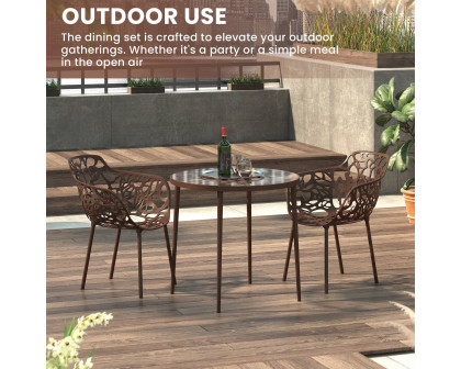 LeisureMod Devon Modern 3-Piece Aluminum Patio Dining Set with Dining Table and 2 Stackable Flower Design Arm Chairs - Brown