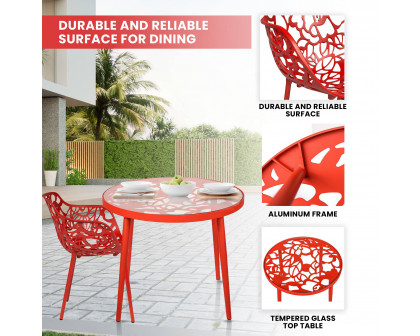 LeisureMod Devon Modern 3-Piece Aluminum Patio Dining Set with Dining Table and 2 Stackable Flower Design Arm Chairs