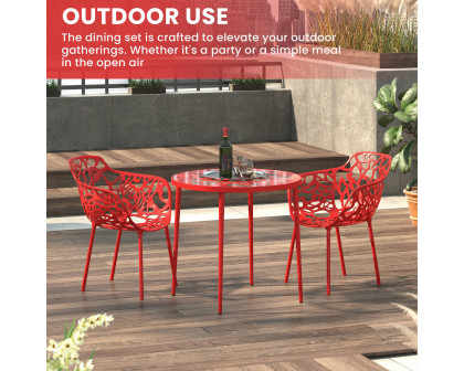 LeisureMod Devon Modern 3-Piece Aluminum Patio Dining Set with Dining Table and 2 Stackable Flower Design Arm Chairs - Red