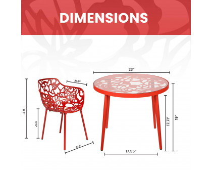 LeisureMod Devon Modern 3-Piece Aluminum Patio Dining Set with Dining Table and 2 Stackable Flower Design Arm Chairs - Red