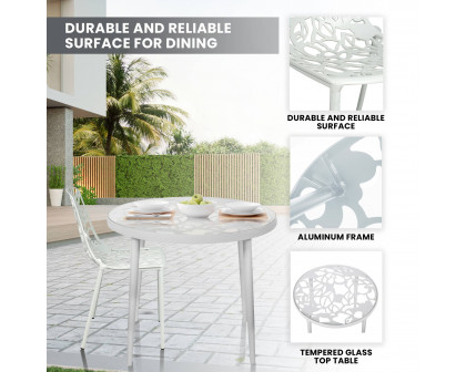 LeisureMod Devon Modern 3-Piece Aluminum Patio Dining Set with Dining Table and 2 Stackable Flower Design Arm Chairs - White