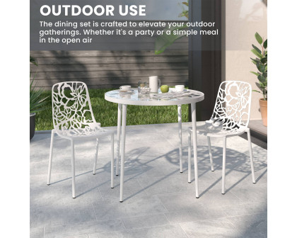 LeisureMod Devon Modern 3-Piece Aluminum Patio Dining Set with Dining Table and 2 Stackable Flower Design Arm Chairs - White