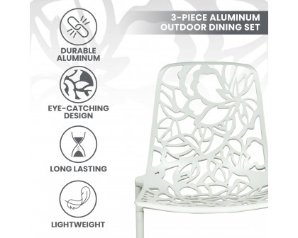 LeisureMod Devon Modern 3-Piece Aluminum Patio Dining Set with Dining Table and 2 Stackable Flower Design Arm Chairs - White