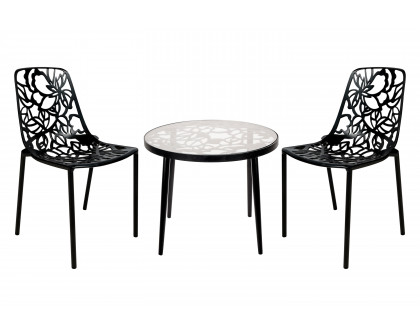 LeisureMod Devon Modern 3-Piece Aluminum Patio Dining Set with Dining Table and 2 Stackable Flower Design Chairs