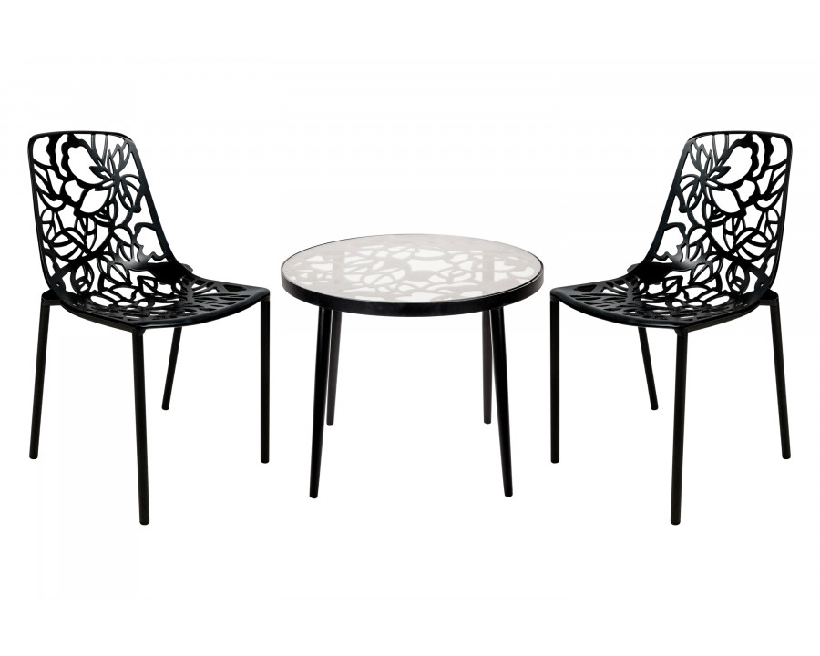 LeisureMod Devon Modern 3-Piece Aluminum Patio Dining Set with Dining Table and 2 Stackable Flower Design Chairs - Black