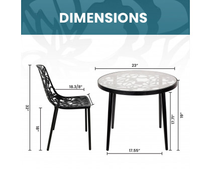 LeisureMod Devon Modern 3-Piece Aluminum Patio Dining Set with Dining Table and 2 Stackable Flower Design Chairs - Black