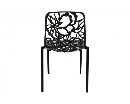 LeisureMod Devon Modern 3-Piece Aluminum Patio Dining Set with Dining Table and 2 Stackable Flower Design Chairs - Black