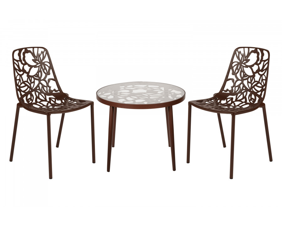 LeisureMod Devon Modern 3-Piece Aluminum Patio Dining Set with Dining Table and 2 Stackable Flower Design Chairs - Brown