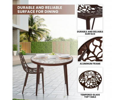 LeisureMod Devon Modern 3-Piece Aluminum Patio Dining Set with Dining Table and 2 Stackable Flower Design Chairs - Brown