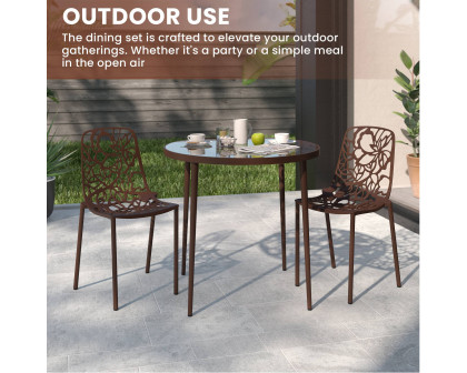 LeisureMod Devon Modern 3-Piece Aluminum Patio Dining Set with Dining Table and 2 Stackable Flower Design Chairs - Brown