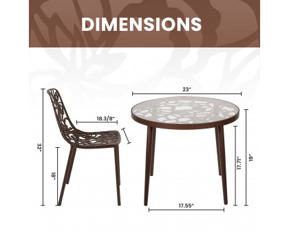 LeisureMod Devon Modern 3-Piece Aluminum Patio Dining Set with Dining Table and 2 Stackable Flower Design Chairs - Brown