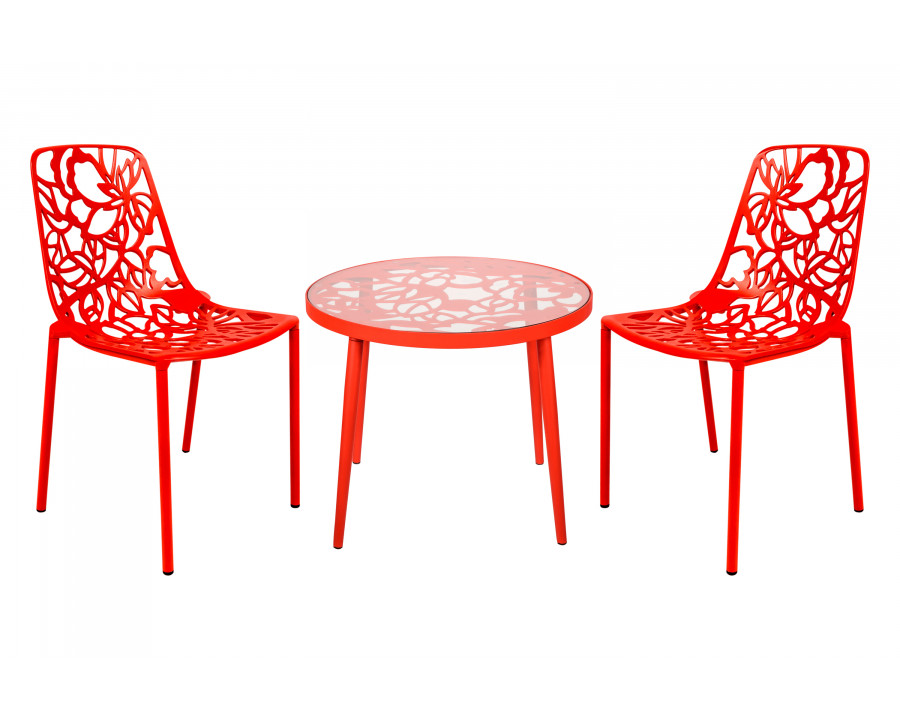 LeisureMod Devon Modern 3-Piece Aluminum Patio Dining Set with Dining Table and 2 Stackable Flower Design Chairs - Red