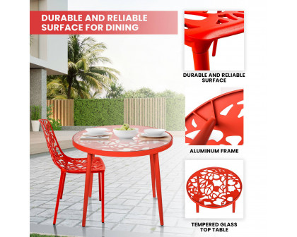 LeisureMod Devon Modern 3-Piece Aluminum Patio Dining Set with Dining Table and 2 Stackable Flower Design Chairs - Red