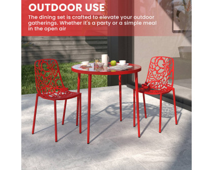 LeisureMod Devon Modern 3-Piece Aluminum Patio Dining Set with Dining Table and 2 Stackable Flower Design Chairs - Red