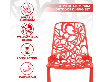 LeisureMod Devon Modern 3-Piece Aluminum Patio Dining Set with Dining Table and 2 Stackable Flower Design Chairs - Red