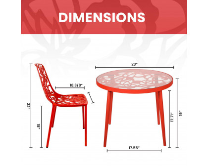 LeisureMod Devon Modern 3-Piece Aluminum Patio Dining Set with Dining Table and 2 Stackable Flower Design Chairs - Red