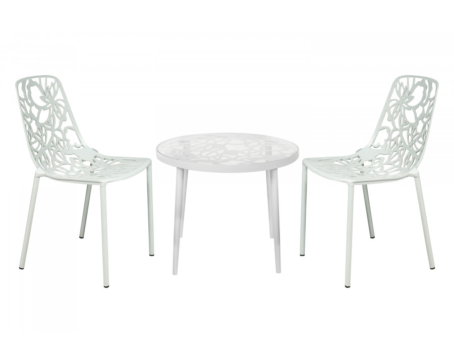 LeisureMod Devon Modern 3-Piece Aluminum Patio Dining Set with Dining Table and 2 Stackable Flower Design Chairs