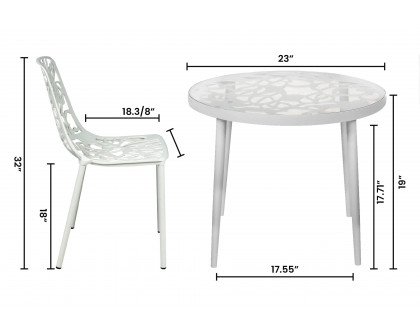 LeisureMod Devon Modern 3-Piece Aluminum Patio Dining Set with Dining Table and 2 Stackable Flower Design Chairs - White