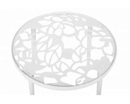 LeisureMod Devon Modern 3-Piece Aluminum Patio Dining Set with Dining Table and 2 Stackable Flower Design Chairs - White