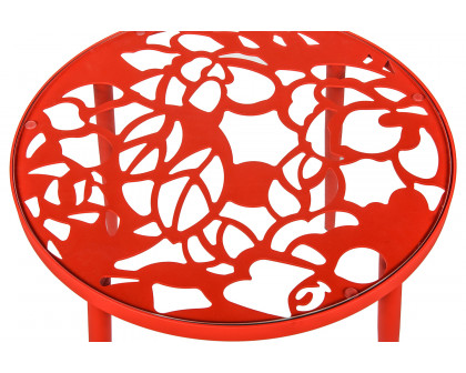 LeisureMod Devon Tree Design Glass Top Aluminum Base Outdoor End Table - Red